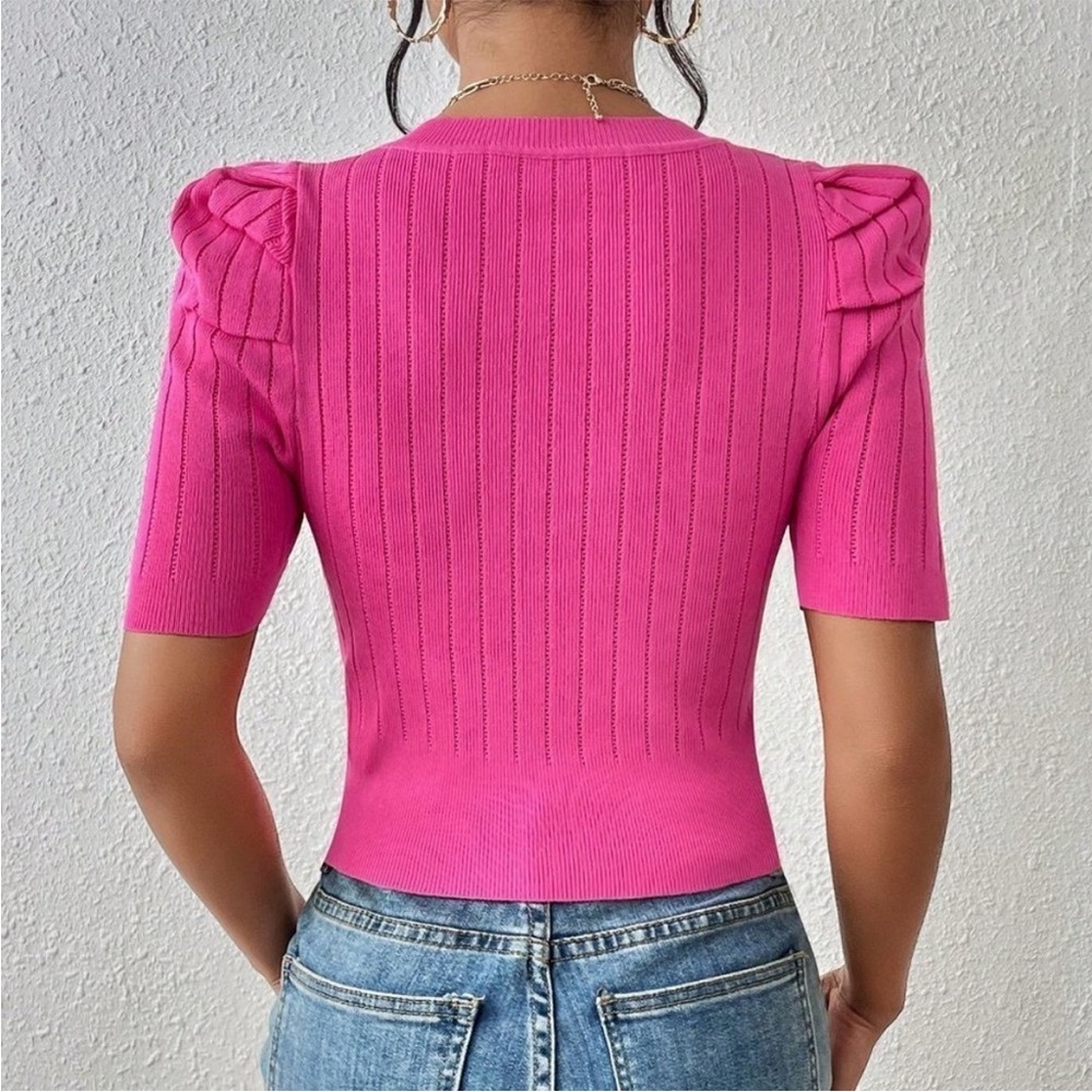 Pink Ribbed‎ Fitted Short Sleeve Blouse